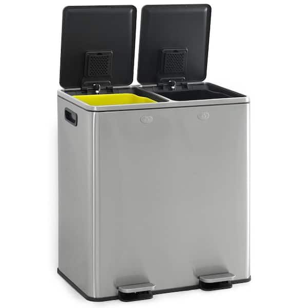 16 gal. Silver Stainless Steel Metal Household Dual Trash Can with Double Lid 30L Plus 30L