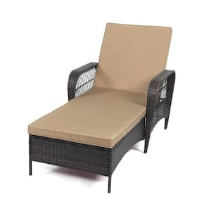 Wicker Outdoor Patio Chaise Lounge Chairs Rattan with 6 Positions Adjustable Backrest Armrests Padded Khaki Cushions