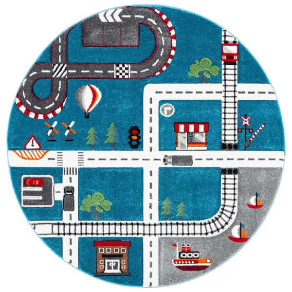 Carousel Kids 4 ft. x 4 ft. Turquoise/Ivory Geometric Round Rug