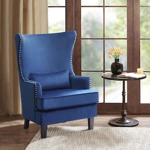 Narcine Blue Velvet Wingback Chair with Lumbar Pillow