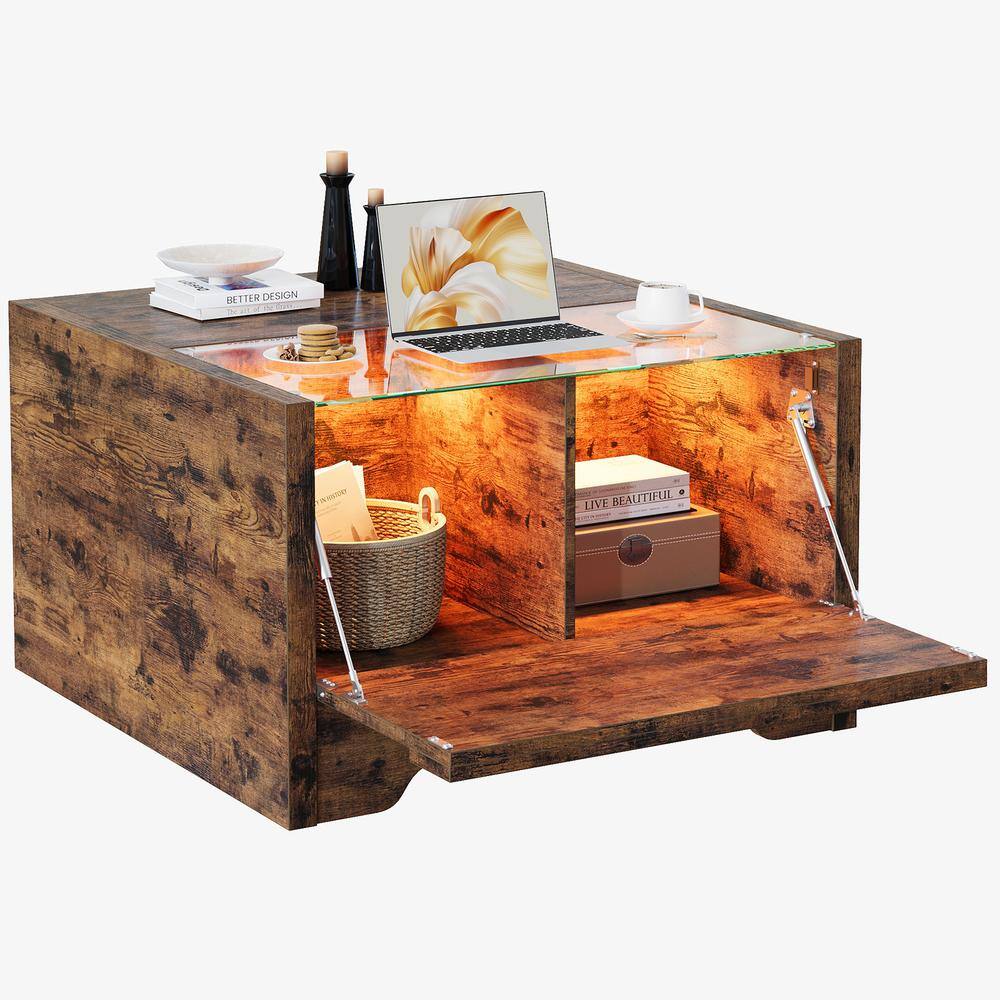 Bestier 31.5 in. Rustic Brown Square Wood Coffee Table with LED Light
