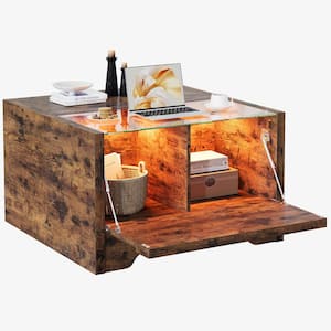 31.5 in. Rustic Brown Square Wood Coffee Table with LED Light and 2 Storage Cabinets
