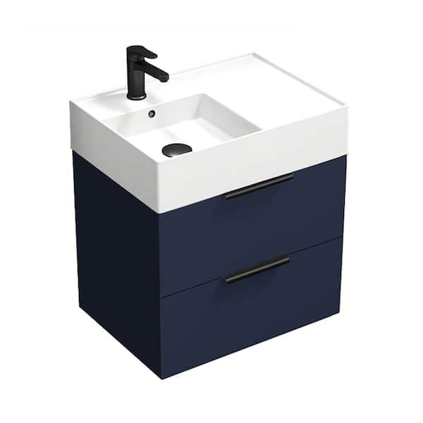 Nameeks Derin 23.6 in. W x 17.32 in. D x 25.2 in. H Modern Wall Mounted Bathroom Vanity in Night Blue with White Ceramic Top