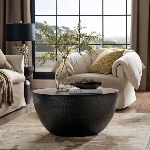 MODWAY Mella 32 in. Black Hammered Round Metal Coffee Table EEI