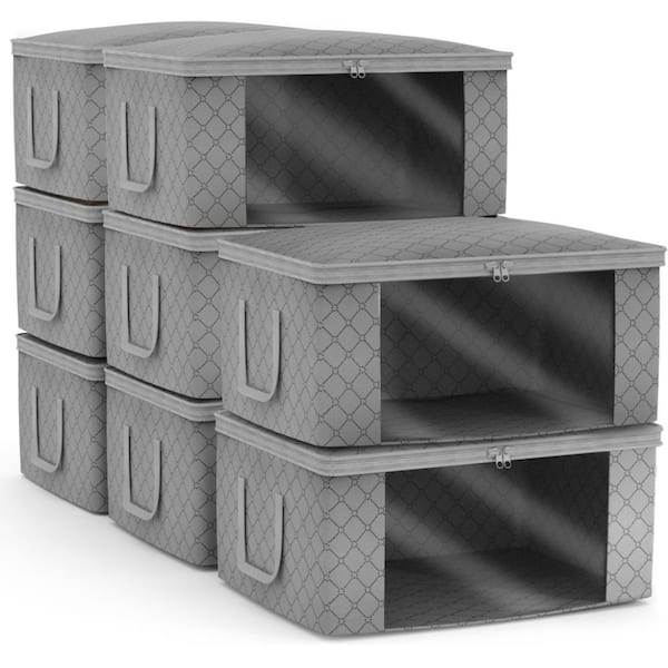 Medium Clothes Storage Bags-Foldable Blanket Storage Bins with Clear Window, Lids and Carry Handles-Set of 8 - Gray