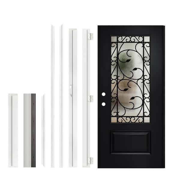 36 in. x 80 in. Black Brush Finished Fiberglass Right Hand Inswing Front Door with 3 Lite Frosted Glass Brickmould