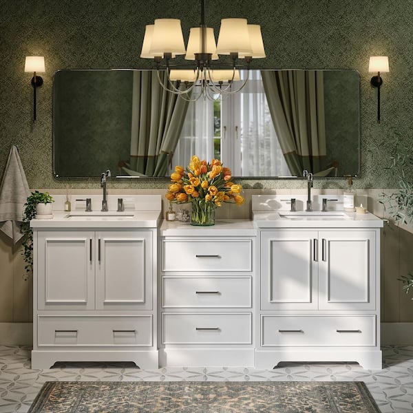Stafford 85 in. W x 22 in. D x 36 in. H Double Sink Bath Vanity in White with Pure White Quartz Top
