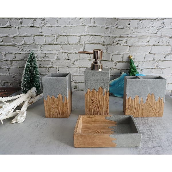 Dyiom Bathroom Accessories Set 4-Pieces Resin Gift Set Apartment Necessities Wooden Design Square