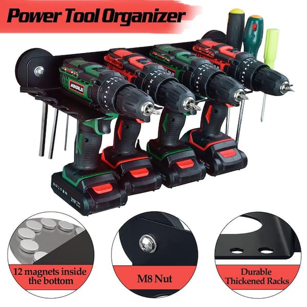 Black Steel Magnetic Power Tool Organizer Utility Storage Rack