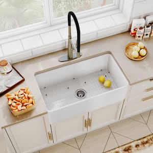 White Fireclay 30 in. Single Bowl Farmhouse Apron Kitchen Sink with Sprayer Kitchen Faucet and Accessories