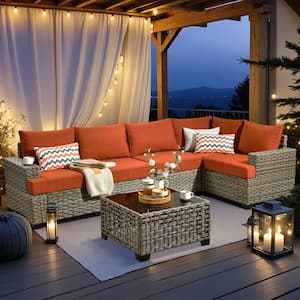 Tiberty Gray 6-Piece Wicker Patio Conversation Seating Set with Orange Red Cushions
