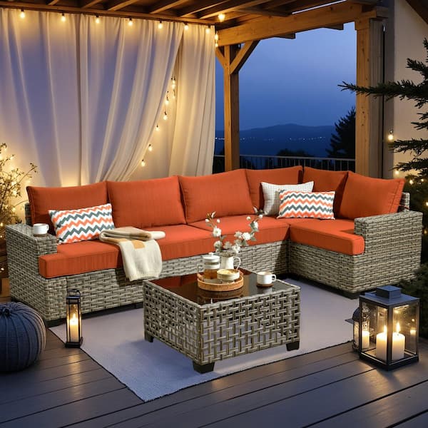 Tiberty Gray 6-Piece Wicker Patio Conversation Seating Set with Orange Red Cushions