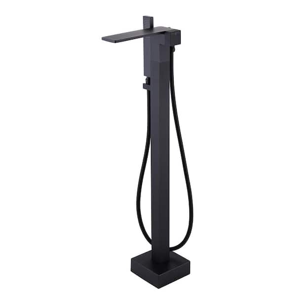 Tomfaucet Single-Handle Floor Mount Waterfall Freestanding Tub Faucet with Hand Shower in Matte Black