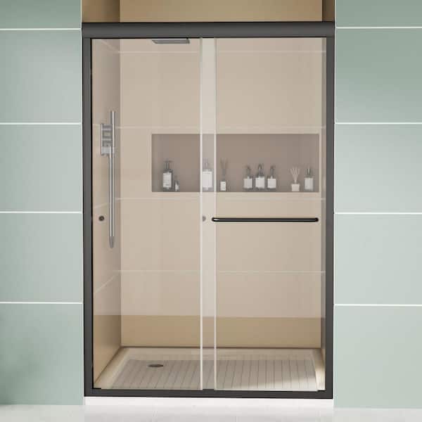 Double Sliding Shower Doors 44-48 in. W x 72 in. H Semi-Frameless Bypass Shower Door in Black with Tempered Clear Glass