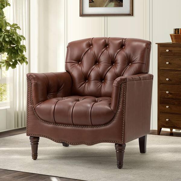 JAYDEN CREATION Elijah 32 in. Traditional Brown Button Tufted Genuine Leather Arm Chair with Solid Wood Legs CHLB0643 BRN