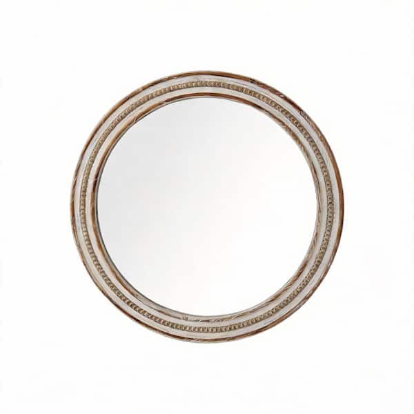 23.62 in. W x 23.62 in. H Round Wood Framed with Beads Wall Mount Bathroom Vanity Mirror in Antique Natural