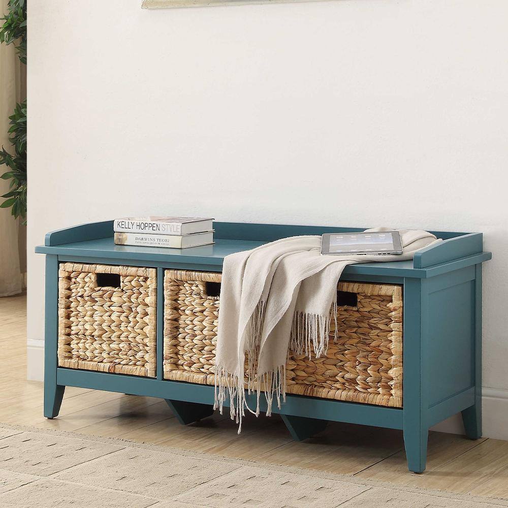 Teal Wood Storage Bench with Rattan Baskets