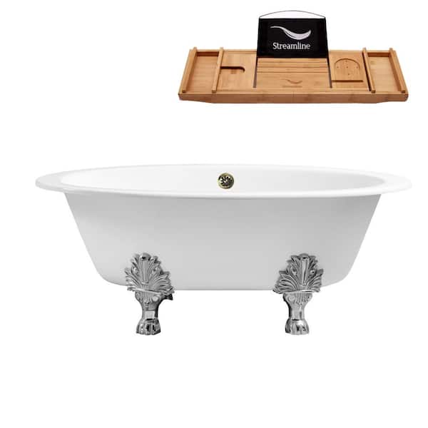 Streamline 65 in. Cast Iron Clawfoot Non-Whirlpool Bathtub in Glossy White with Brushed Nickel Drain and Polished Chrome Clawfeet