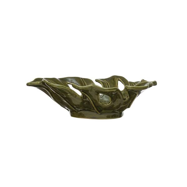 Storied Home Reactive Glaze Stoneware Leaf Shaped Decorative Bowl, Green