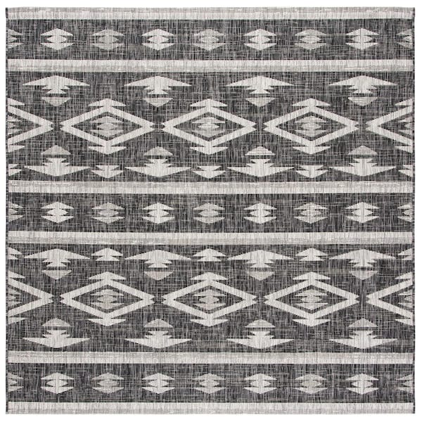 Courtyard Black/Gray 4 ft. x 4 ft. Geometric Striped Diamond Indoor/Outdoor Square Area Rug