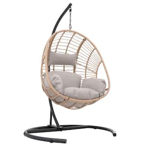 Anky 3.9 ft. 1-Person Steel Frame Brown Wicker Free Standing Egg Chair Patio Swings Hammock Chair with Beige Cushions