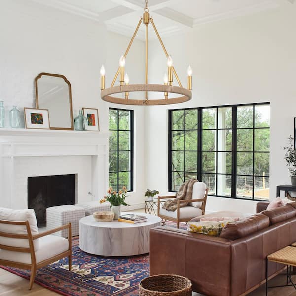 6-Light Gold Candle Design Circle Hanging Wagon Wheel Chandelier Island Chandelier Lighting for Dining Room