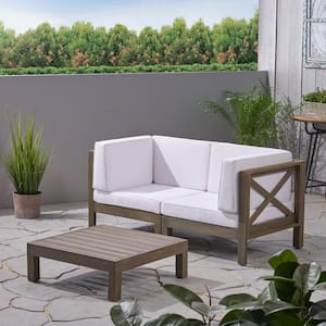 Brava Grey 3-Piece Acacia Wood Patio Conversation Set with White Cushions