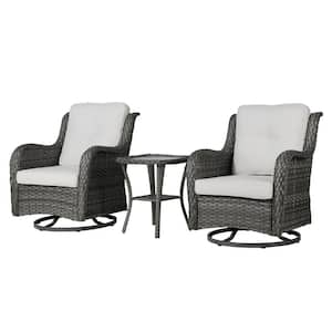 Wicker Gray Patio Swivel Outdoor Rocking Chair Set with Beige Cushions and Table (Set of 2)