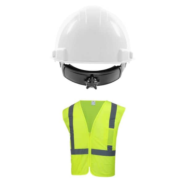 White Type 1 Class E Hard Hat with 4-Point Ratchet and Hi Visibility Lime Green Class 2 Safety Vest Combo