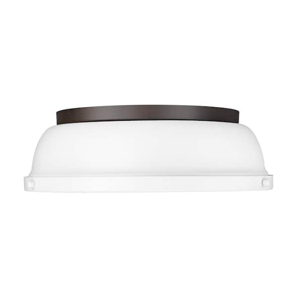 Duncan 14 in. 2-Light Rubbed Bronze Flush Mount with White Shade and No Bulbs Included 1-Pack