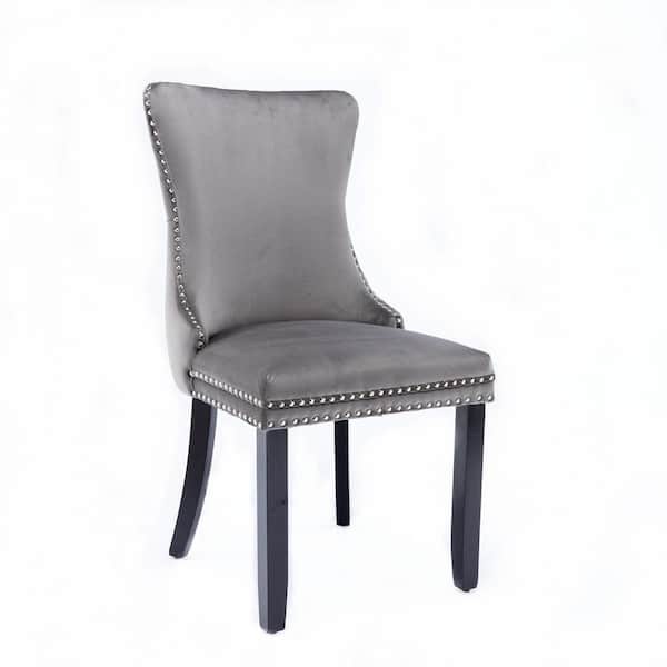 URTR Gray Velvet Dining Chair Backstitching Nailhead Trim and Solid Wood Legs Accent Chair for Kitchen Dining Room (Set of 2)