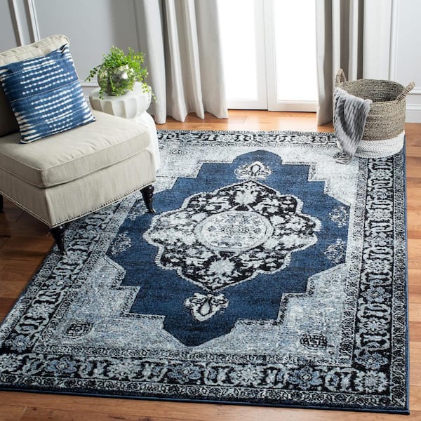 Vintage Hamadan Blue/Gray 9 ft. x 12 ft. Border Medallion Area Rug