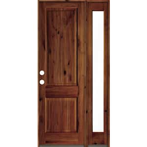 44 in. x 96 in. Knotty Alder Square Top Right-Hand/Inswing Clear Glass Red Chestnut Stain Wood Prehung Front Door w/RFSL