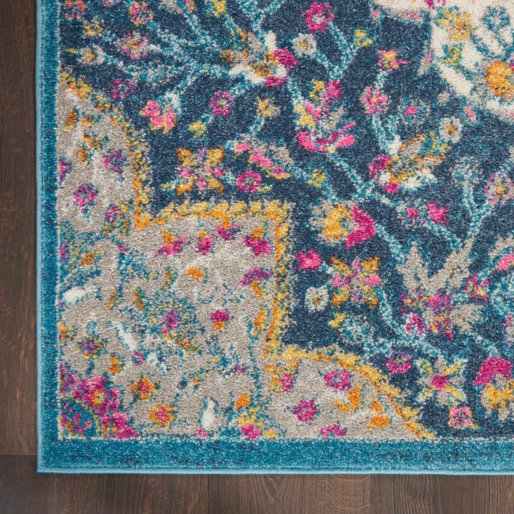 Blue and Pink Floral Synthetic 8' x 10' Reversible Rug