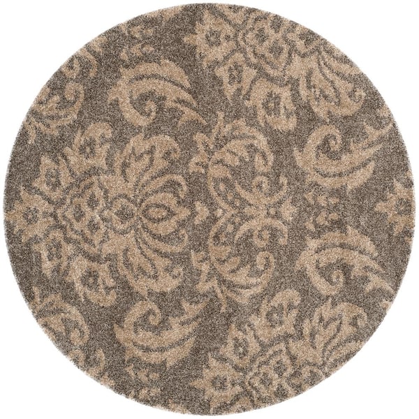 Florida Shag Smoke/Beige 7 ft. x 7 ft. Round Medallion Floral Area Rug