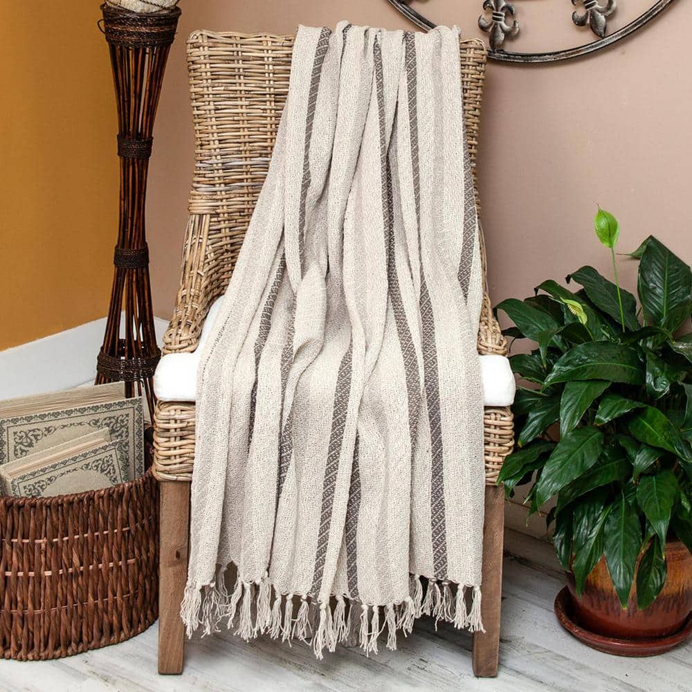 Beige and Taupe Woven Handloom Cotton Throw Blanket with Tassels