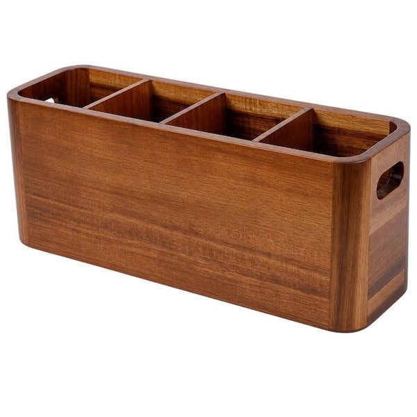 Brown Wooden Utensil Holder with 4 Compartment for Storage Flatware, Cooking, Silverware, Kitchen Counter Decor