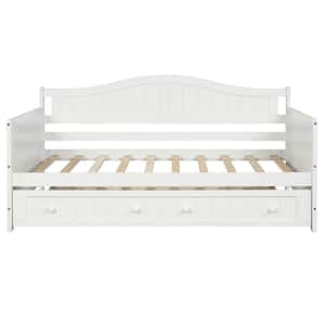 White Twin Size Wood Daybed with Trundle, Dual-use Sturdy Sofa Bed Frame for Living Room, No Box Spring Needed