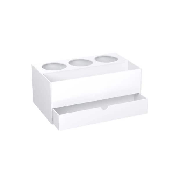 Countertop Hair Tool Organizer with Drawer in White Acrylic Hair Dryer Organizer for Bathroom Vanity, Toiletries Storage