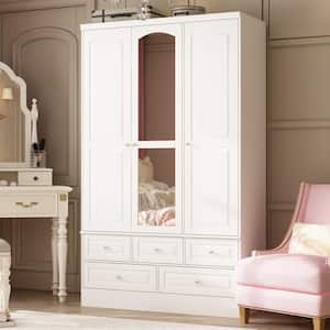 White Wood 47.8 in. W Wardrobe Armoires with Mirror, Hanging Rod, 5 Drawers, Adjustable Shelves, 78.7 in. H x 19.7 in. D