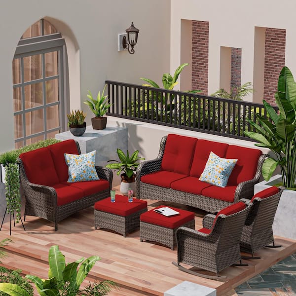 MeetLeisure Brown 6-Piece Wicker Outdoor Patio Conversation Set with Red Cushions and Rocking Chairs