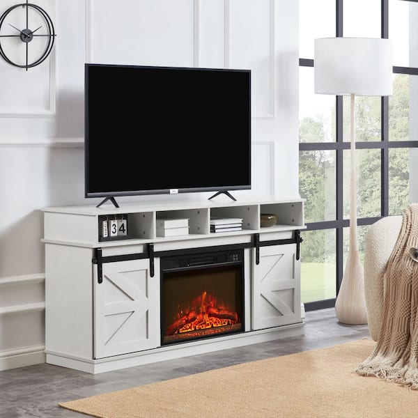 58 in. Freestanding Electric Fireplace TV Stand with Storage Space and Multifunctional Sliding Doors in Antique White