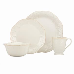 French Perle 4-Piece Traditional Pale Ivory Stoneware Dinnerware Set (Service for 1)