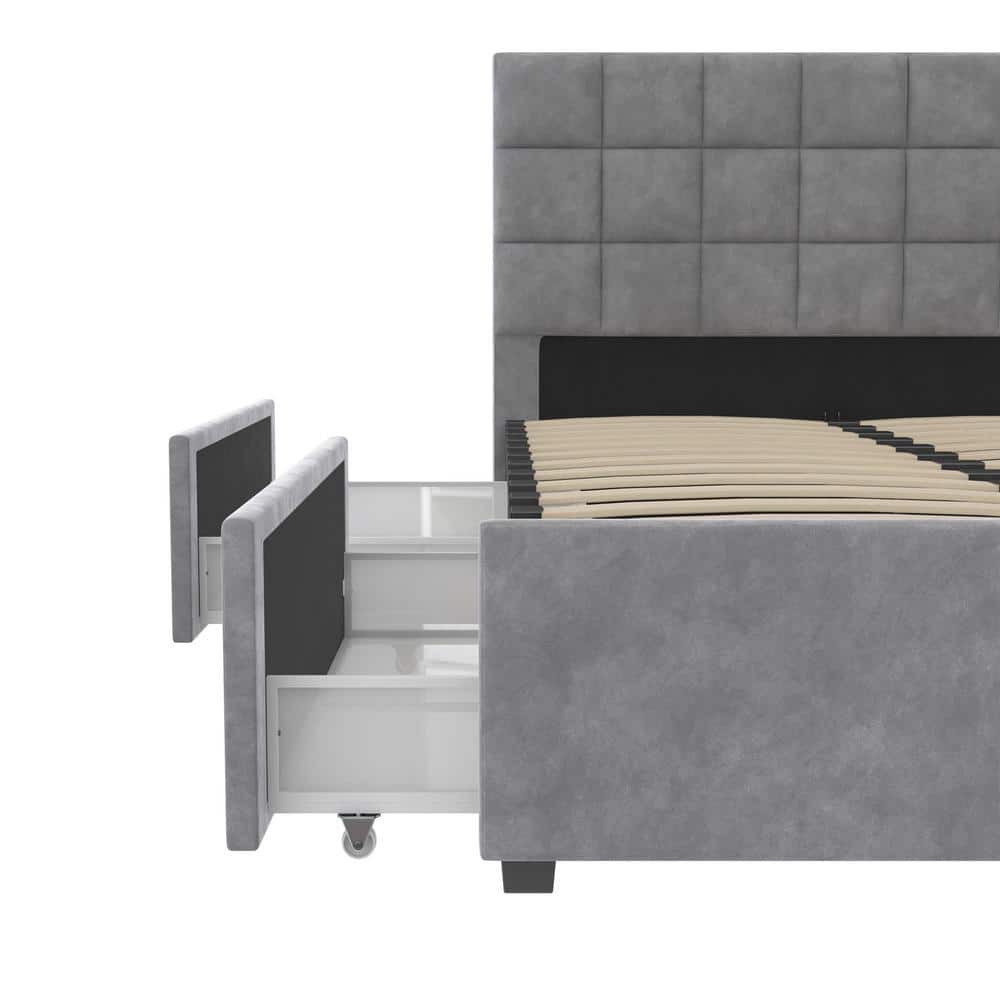King Light Gray Velvet Upholstered Bed with Storage Drawers