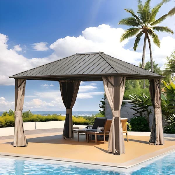 Clihome 10 ft. x 12 ft. Dark Brown Permanent Galvanized Steel Roof Gazebo with Aluminum Frame, Netting and Curtains