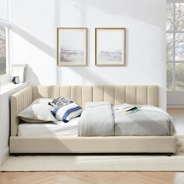 Velvet Upholstered Beige Wood Frame Full Size Platform Bed with Backrest and Armrest