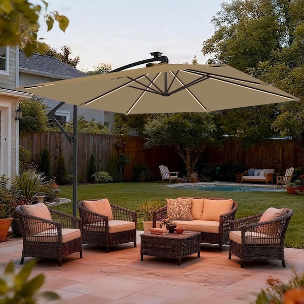 8.2 ft. Solar Offset Patio Umbrella with Foldable Handle, 8-LED Strips, Outdoor Umbrella with Secure Lock in Taupe