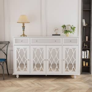 White Paint 4 Mirrored Doors Storage Cabinet Buffet Cabinet With 3 Mirror Drawers and Adjustable Shelves