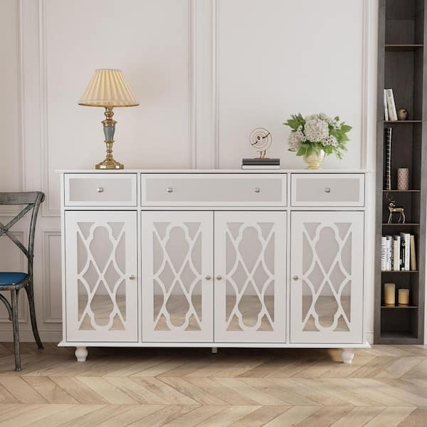 FUFU&GAGA White Paint 4 Mirrored Doors Storage Cabinet Buffet Cabinet With 3 Mirror Drawers and Adjustable Shelves