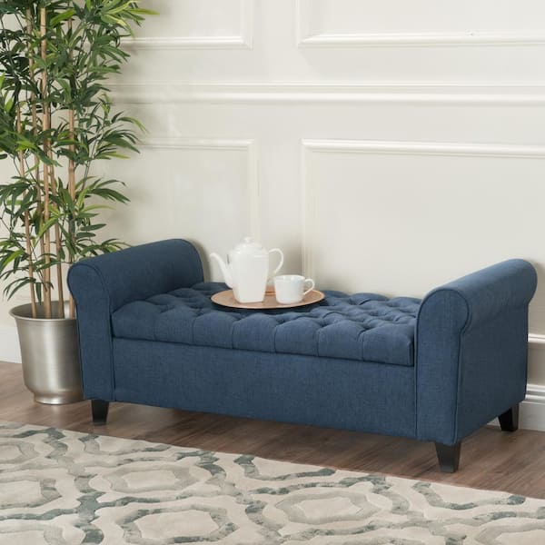 CHRISTOPHER KNIGHT HOME Button-Tufted Navy Blue 50 in. Polyester Upholstered Storage Bedroom Bench with Wood Legs